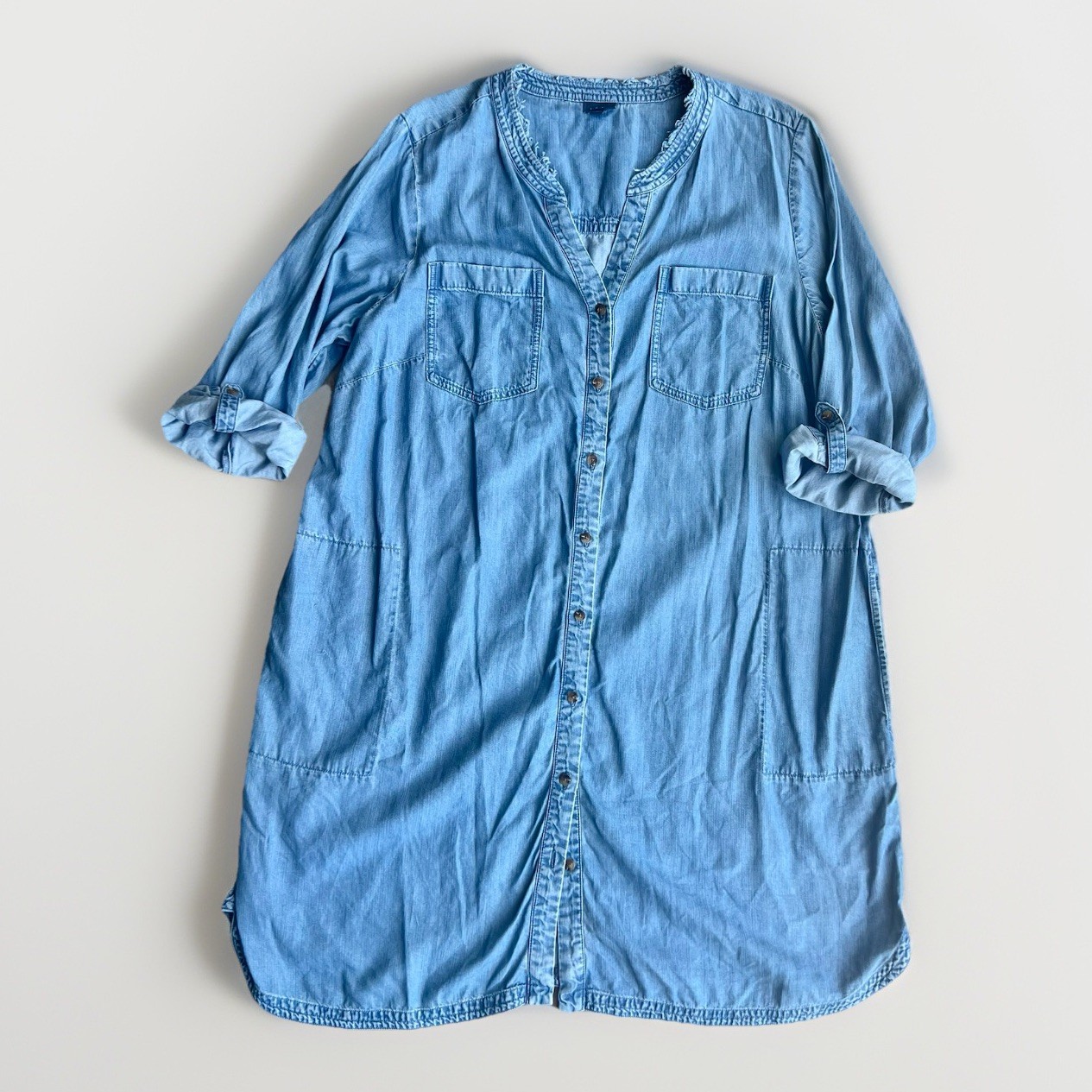 J Jill Denim Tunic Dress 2x Blue Long Sleeve Roll Tab Tercel Lyocell Chambray
