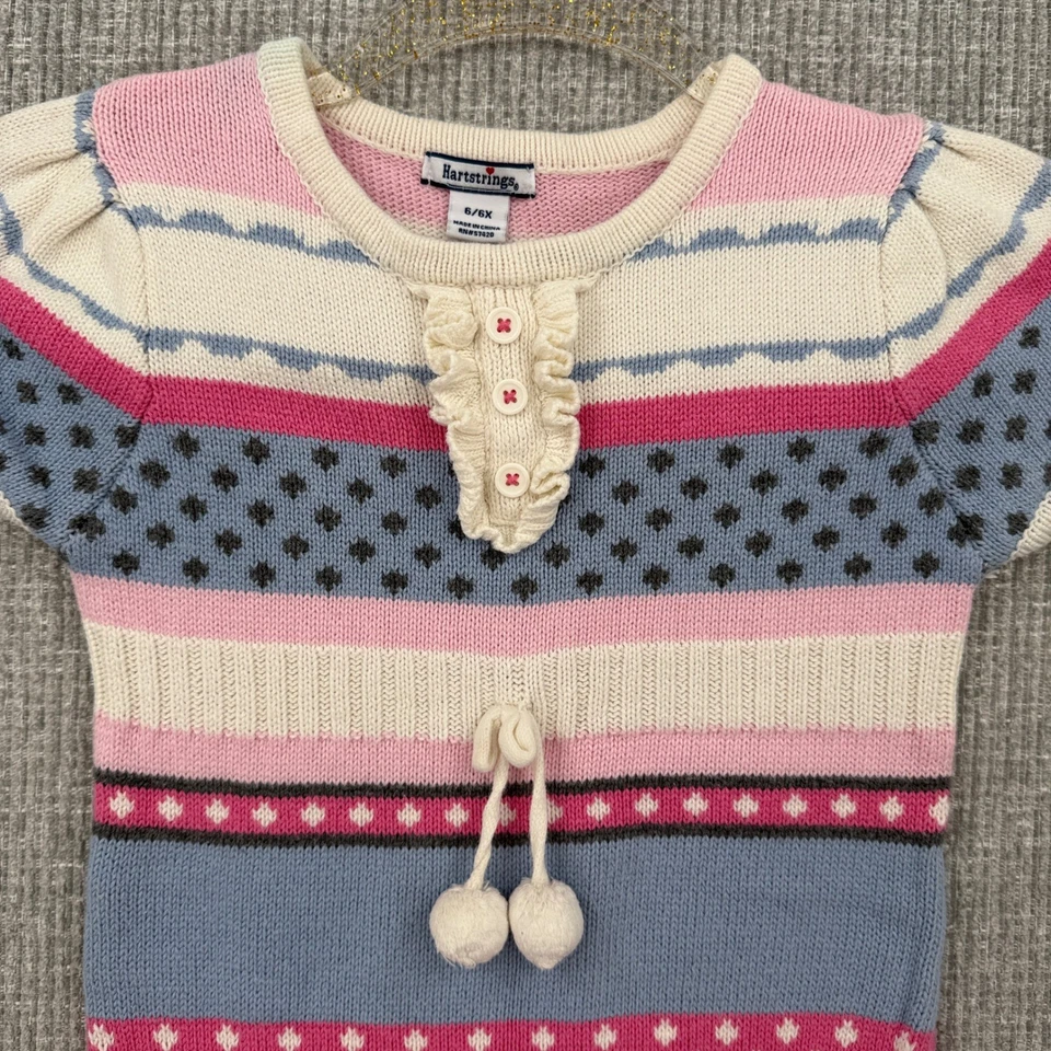 Hartstrings Girls Knit Dress Sz 6/6X Pink Striped Short Sleeve Pom Pom Fair Isle - Image 3 of 4