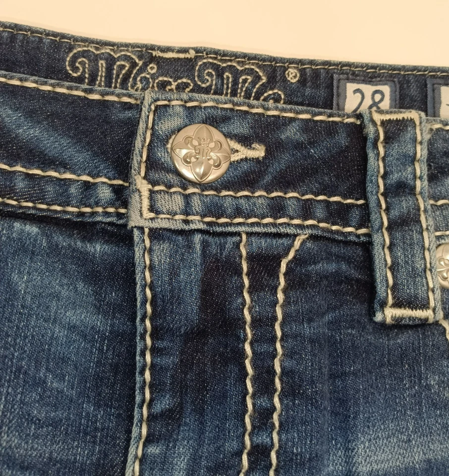Miss Me Jeans Shorts Signature Distressed Raw Hem Rhinestones Blue Women's 28 - Image 3 of 4