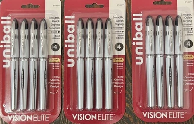 Uni-Ball Vision Elite Rollerball Pens Bold Point Blk Ink 67180PP (12 Pens, 3PKs)