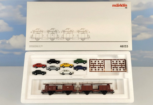 (9090) Märklin H0 46133 Autotransportwagen um 1970 mit 8 Ford Escort DB in OVP | Condition: Gebraucht