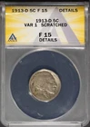1913-D Var 1 5c Indian Head Buffalo Nickel F-15 Details ANACS # 7696546 + Bonus