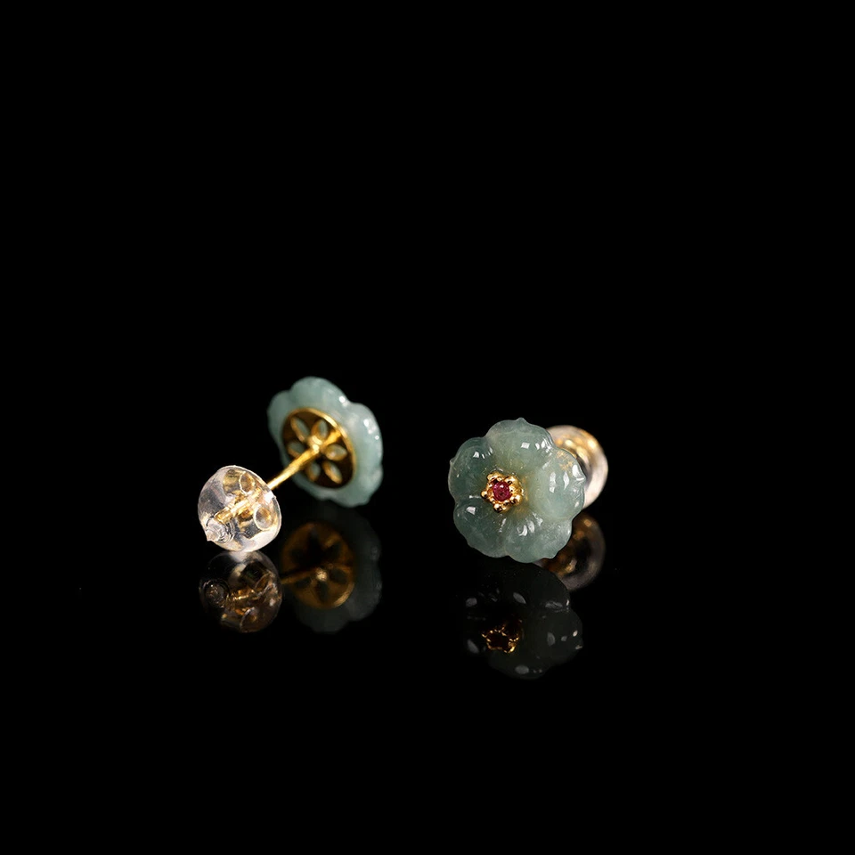 Pendientes de flor de ciruelo de jade natural con incrustaciones enchapados en plata pura S925 para mujer  Foto 3 de 4