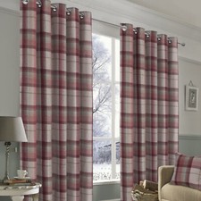 Warrington Tartan Checked Ring Top Eyelet Blackout Lined Curtain In Grey Or Red