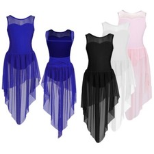 Kids Girls Ballet Lyrical Dance Dress Cutout Back Leotard with High Low Skirt