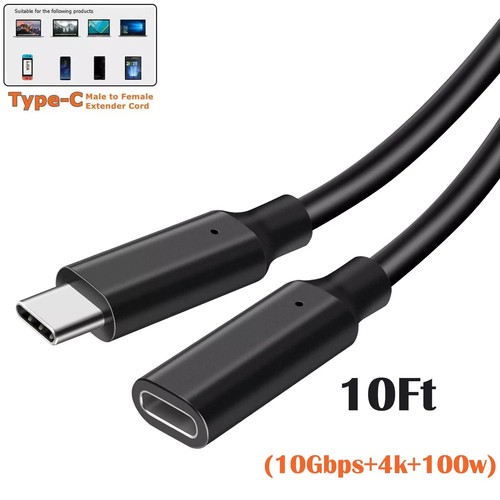 10 FT Type C USB 3.1 Male to USB-C Female Extension Data Cable Cord Black