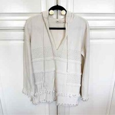 Tory Burch Women s Baja Mixed Knit Hoodie Cream Tassel V Neck Pullover Sweater S