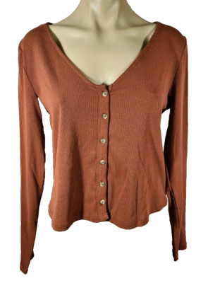 BNWT Ladies Sz 16 Anko Button Through Ribbed Mahogany V Neck Cardigan Style Top