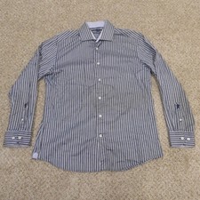 Bugatchi Uomo Mens Large Shirt Button-Front Blue Striped Cotton Stains