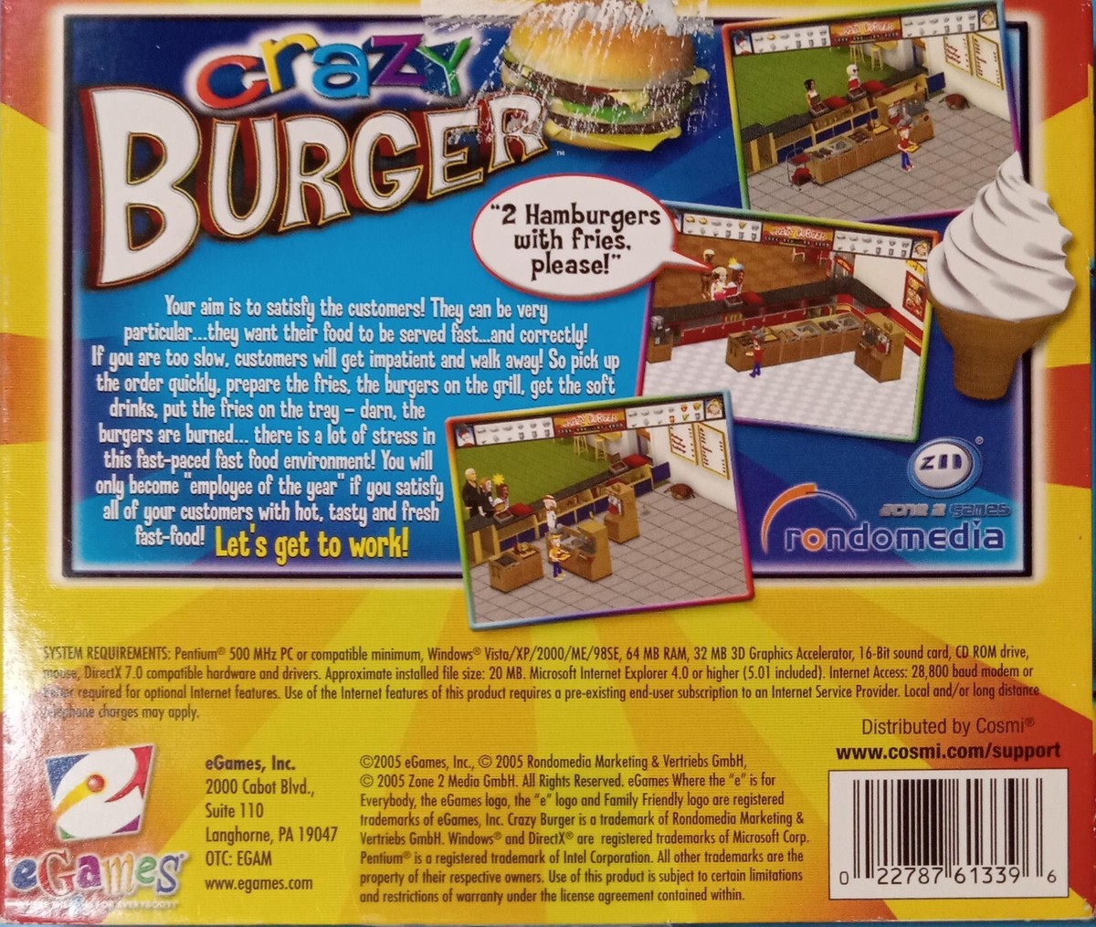 PC Game CRAZY BURGER - Fast-Paced Food Frenzy - CD-Rom Windows
