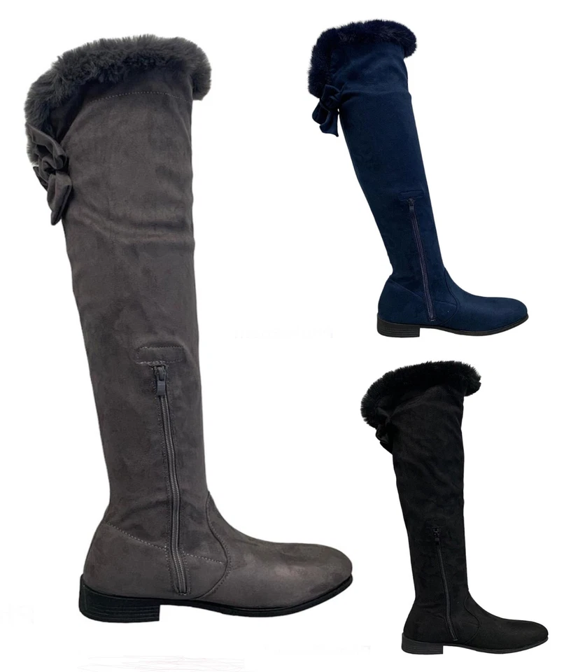 Womens Thigh High Over The Knee Boots Ladies Zip up Fur Block Heel Shoes Size