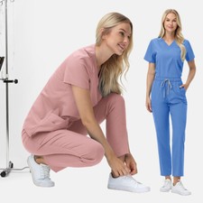 2025 Spandex Hospital Enfermera Uniforme Conjunto Médico Exfoliante Mujeres Hombres Cuello en V Recto