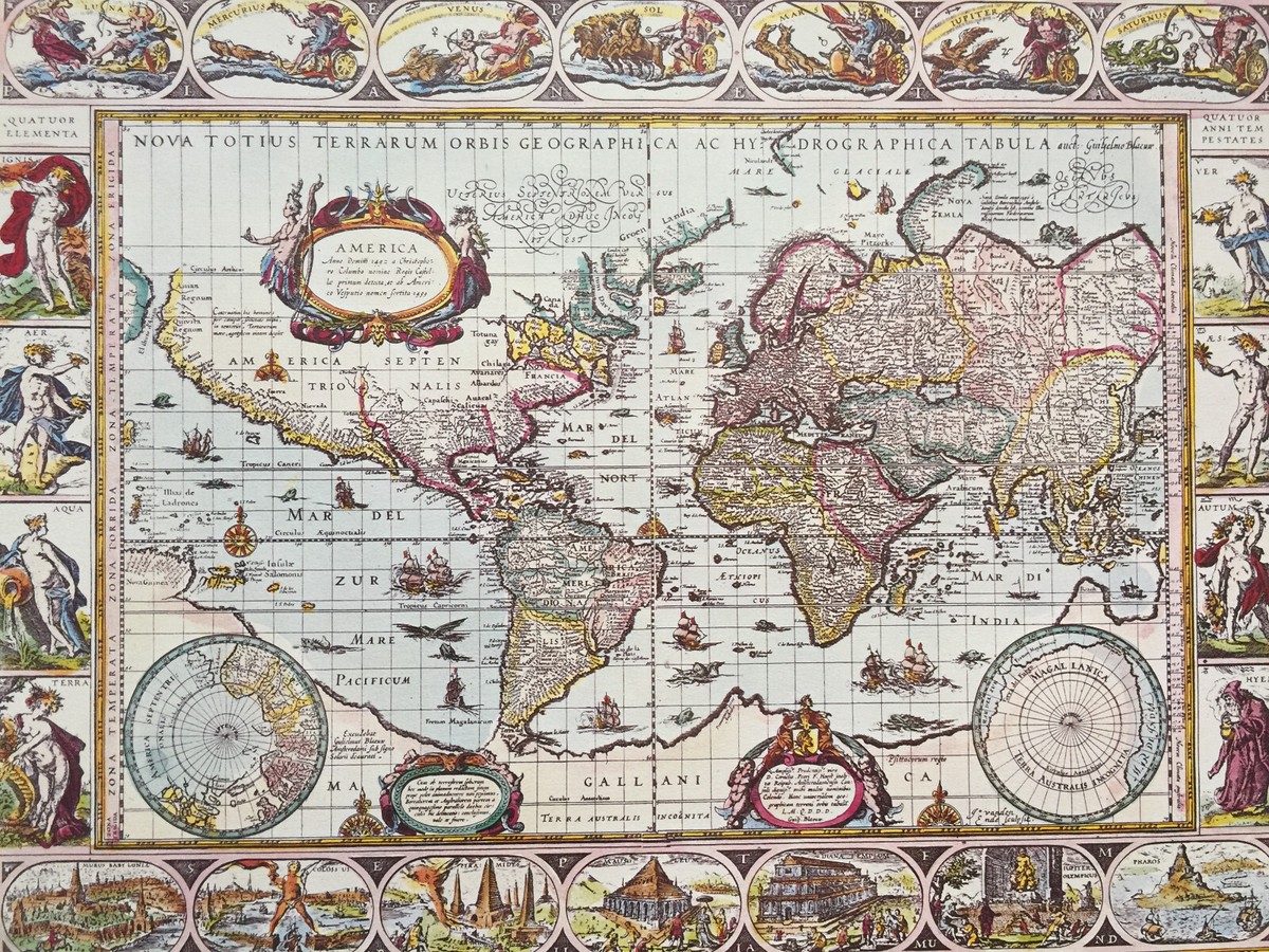 17 Century Vintage Hydrographic Map of the Whole World by