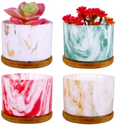 ROSE CREATE 4pcs 4.0 Inch Colorful Marbleizing Ceramic Planters + Bomboo Trays