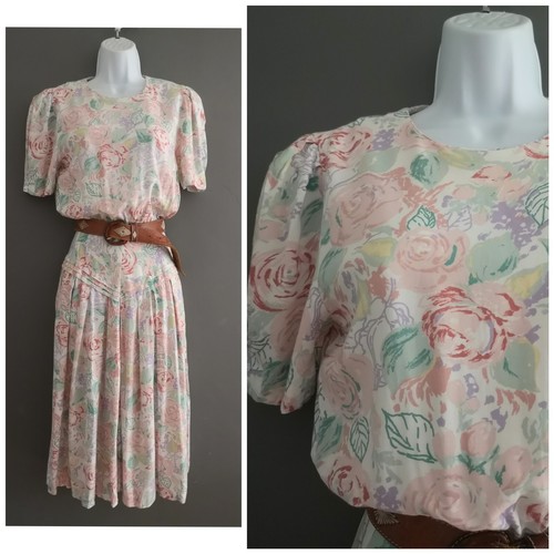Vintage 80s 90s White Pastel Floral Viscose midi Blouson Tea Dress 6 8 XS