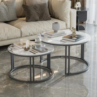 2er Set Satztisch Couchtisch Rund Tisch Sofatisch Marmor+Alu Kaffeetisch Tisch - Bild 1 von 4