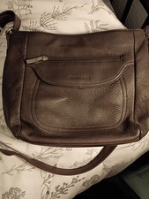 Stone Co Brown Pebbled Shoulder Bag Zip Closure Pockets Green Lining