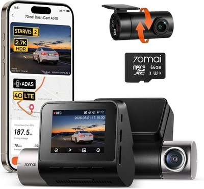 70mai Dash Cam Front and Rear A510,1944P+1080P with STARVIS 2 IMX675 and 64GB