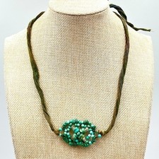 VTG Boho Artisan Turquoise Beads Silk Ribbon Wrap Necklace Earthy Mixed Green
