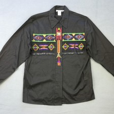 Vtg Lew Magram Womens Shirt Western Beaded Button Up Black Fringe Geometric 10