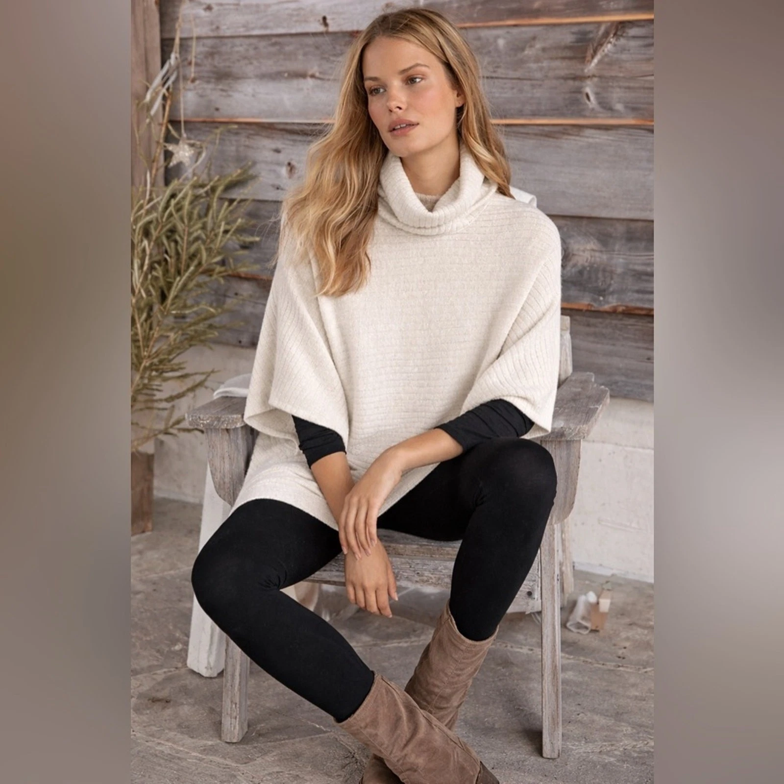 Garnet Hill S 100% cashmere cream tan Turtleneck Poncho Sweater
