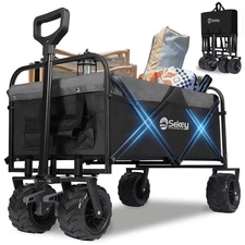 Folding Utility Cart with Big All-Terrain  Wheels & Drink Holders, Black&Grey
