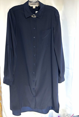 Diane von Furstenberg Black Silk Satin Shirt Dress Collared Pockets 6