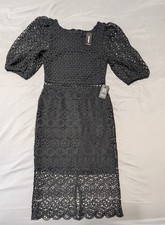 Express NWT Black Crochet Lace Midi Dress Puff Sleeve Eyelet Sheer Hem XS