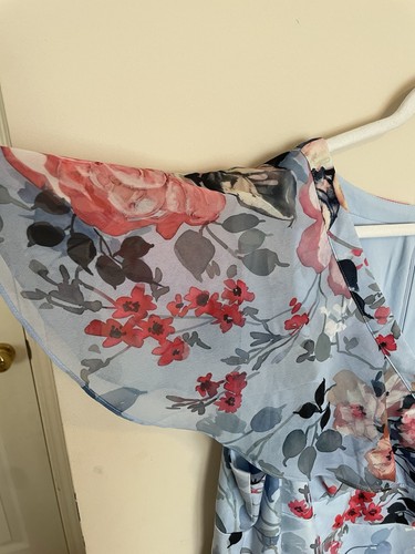 NEU Adrianna Papell Kleid 22W blau rosa Blumen Rüschen geraffte Taille Midi Plus - Bild 6 von 17