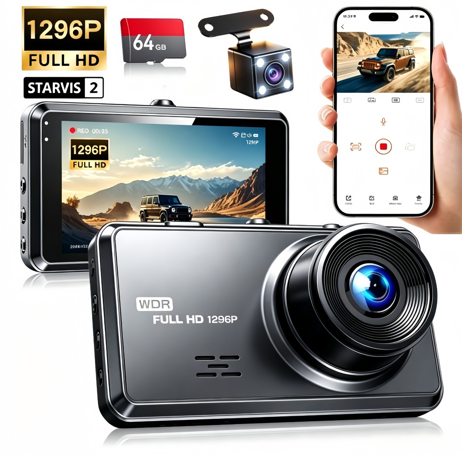 Dashcam double objectif 1296P caméra de bord grand angle 170° connectée pour auto
