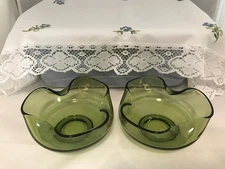 Avocado Green Glass Bowls Set of Two Inverted Ruffle Opening Candy Dish Nut Dish