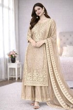 Presenting Silk Beige Salwar Kameez With Dupatta For Indian Function Wear