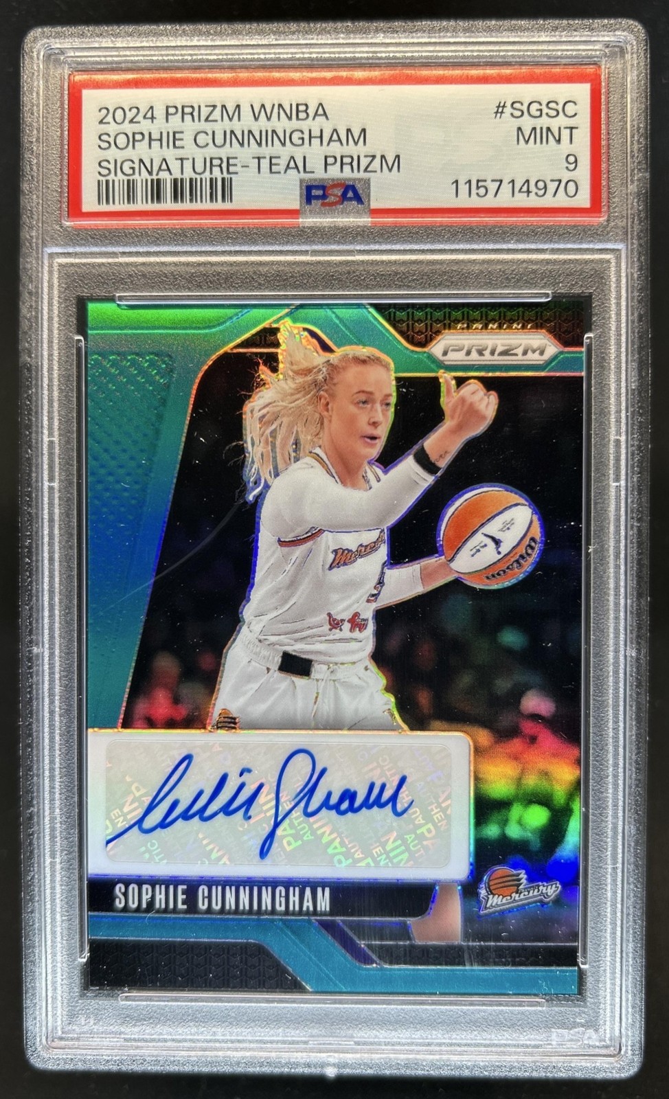 2024 Panini WNBA Prizm Sophie Cunningham Signatures Teal Auto #/35 Mercury PSA 9