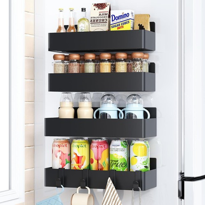 #ad #ad 4 Pack Black Magnetic Rack for Refrigerator Kitchen Organizer and Storage Shelf $14.94