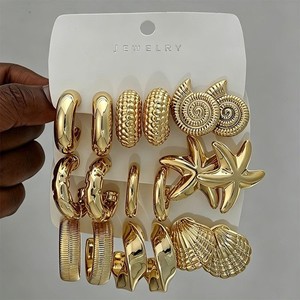 Authentic 18 Pcs Vintage Gold Plated Ocean Earring Set Starfish Shell Conch Textured Hoop