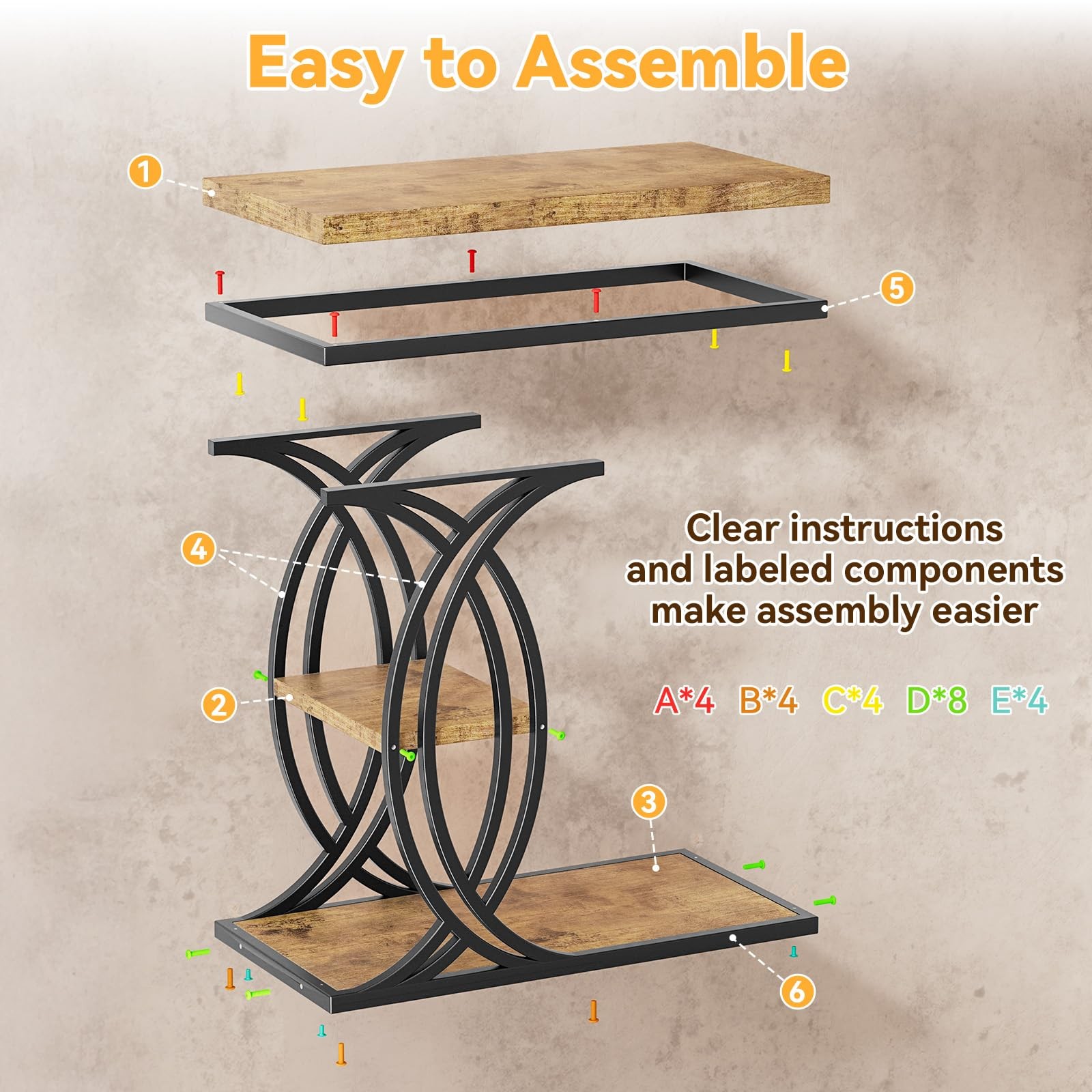 Shaped End Table, Bed Side Table, 3-Tier Side Table with Metal Frame, Wood En...