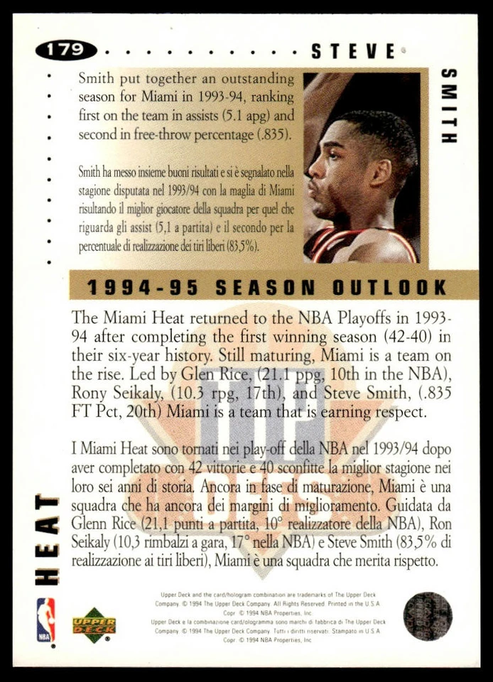 1994-95 Collector's Choice #179 Steve Smith Gold Signature - Image 2 of 2