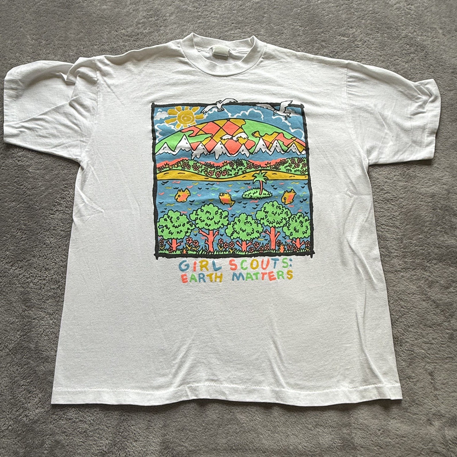 Vintage Girl Scouts T Shirt Large White Earth Matters Graphic Tee Made USA