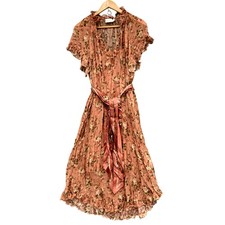Zimmermann Dress Womens 2 Pink Silk Floral Ruffle Midi Belted High Neck Party