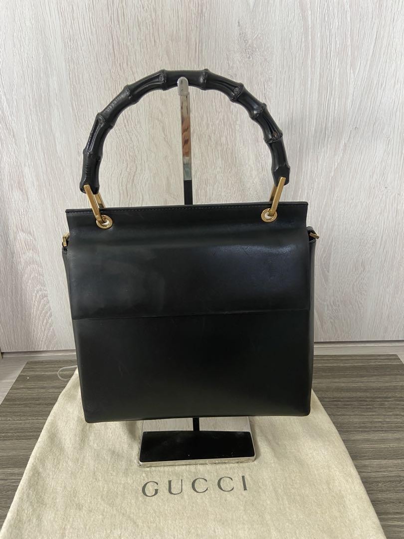 Gucci Black Bamboo Leather Handbag 9.1x9.4x3.9in Formal Storage