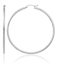 14K Solid White Gold 2mm Round Large Hoop Earrings