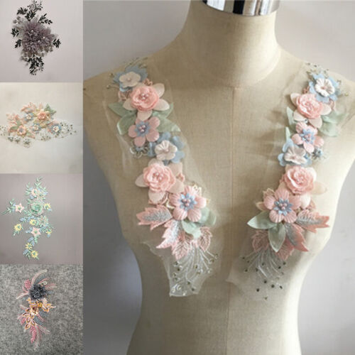 3D Embroidery Flower Lace Applique Beaded Tulle Patches Wedding Dress Clothes - Photo 1 sur 30