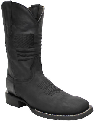 Men Genuine Leather Patriot Handcrafted Western Wide Square Toe Black Boots