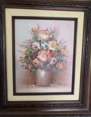 FLOWER IN VASE ORIGINAL OIL PAINTING ON CANVAS SIGNED NAME NOT CLEAR 17  X 15 
