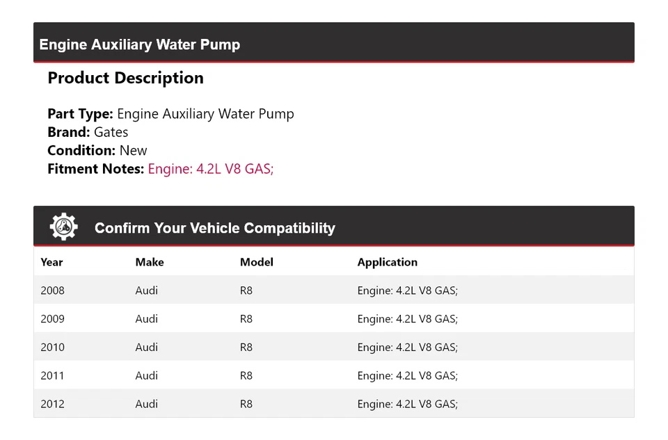 Para Audi R8 2008-2012 4,2 L V8 motor de gas auxiliar bomba de agua puertas 2009 2010 Foto 2 de 4