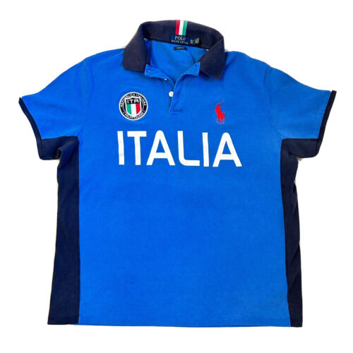 Polo Ralph Lauren Mens XL Blue Italia Italy Patch Ringer Sleeves Medium Pony - Bild 1 von 6