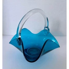 Vintage Viking Glass Turquoise Kerchief Art Glass Basket Clear Handle