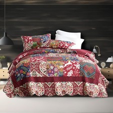 ENASAL Cotton Bedspread Quilt Set Damask Floral Patchwork Burgundy King Size