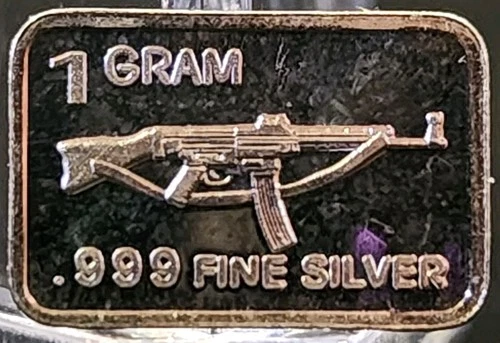 1 Gram .999 Fine Silver Art Bar Ingot. Machine Gun. Fun Way To Invest.