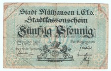 ✦MÜLHAUSEN im ELSASS / MULHOUSE: "Stadtkasse💠Stary Ratusz", 50 pfg. PIENIĄDZE AWARYJNE